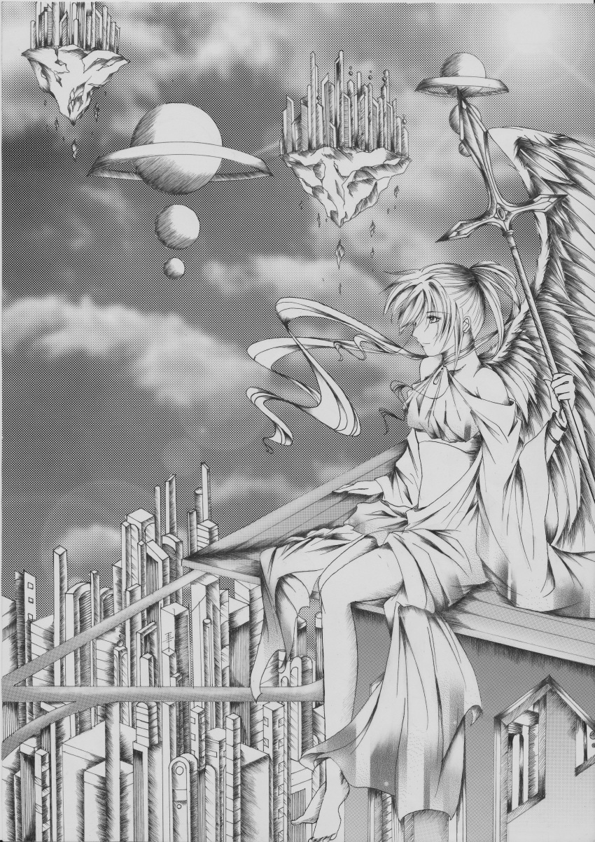 1girl absurdres angel angel_wings bare_shoulders barefoot building choker city fantasy floating_city from_above graphite_(medium) halftone highres lens_flare long_hair midriff monochrome nib_pen_(medium) original planet polearm ponytail profile rooftop sitting sitting_on_roof solo spear sun sunlight traditional_media weapon wings zion_(zionlibra1009)