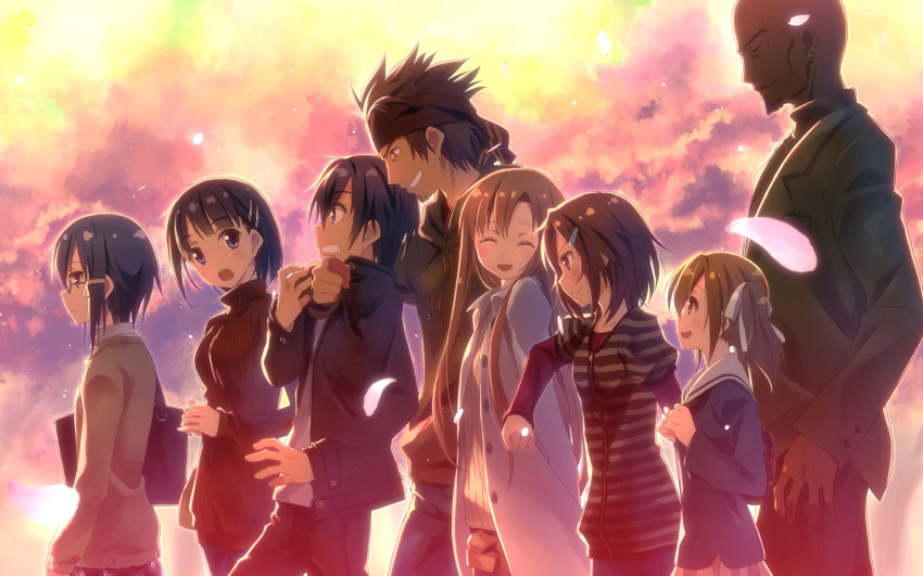 5girls :d ^_^ agil arm_around_neck asada_shino asuna_(sao) bag bald black_hair blue_eyes blush brown_hair casual clenched_teeth closed_eyes dark_skin earrings eyes_closed glasses hair_ribbon headband highres jewelry kirigaya_suguha kirito klein lisbeth long_hair multiple_boys multiple_girls open_mouth petals ribbon short_hair side silica smile striped sweatdrop sword_art_online twintails wallpaper yuuki_tatsuya zipper