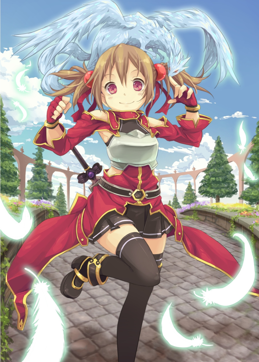 bare_shoulders black_legwear blush breastplate brown_hair feathers fingerless_gloves gloves hair_ribbon highres hpflower leg_up looking_at_viewer pina_(sao) red_eyes ribbon silica skirt smile solo sword sword_art_online thigh-highs thighhighs tree twintails weapon