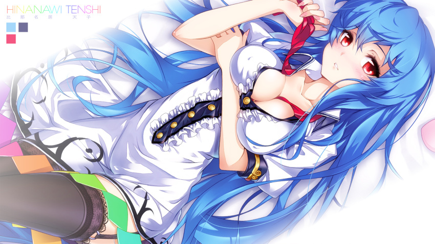 1girl black_legwear blue_hair breasts character_name cleavage cropped garter_straps highres hinanawi_tenshi hong_(white_spider) large_breasts long_hair lying no_hat no_headwear on_back parted_lips red_eyes solo thigh-highs thighhighs touhou wallpaper