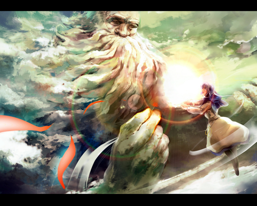 1girl artist_request blue_eyes boots facial_hair flower giving highres hood_down jewelry kumoi_ichirin lens_flare letterboxed mustache open_mouth purple_hair ring short_hair spider_lily sun sunlight tears touhou unzan