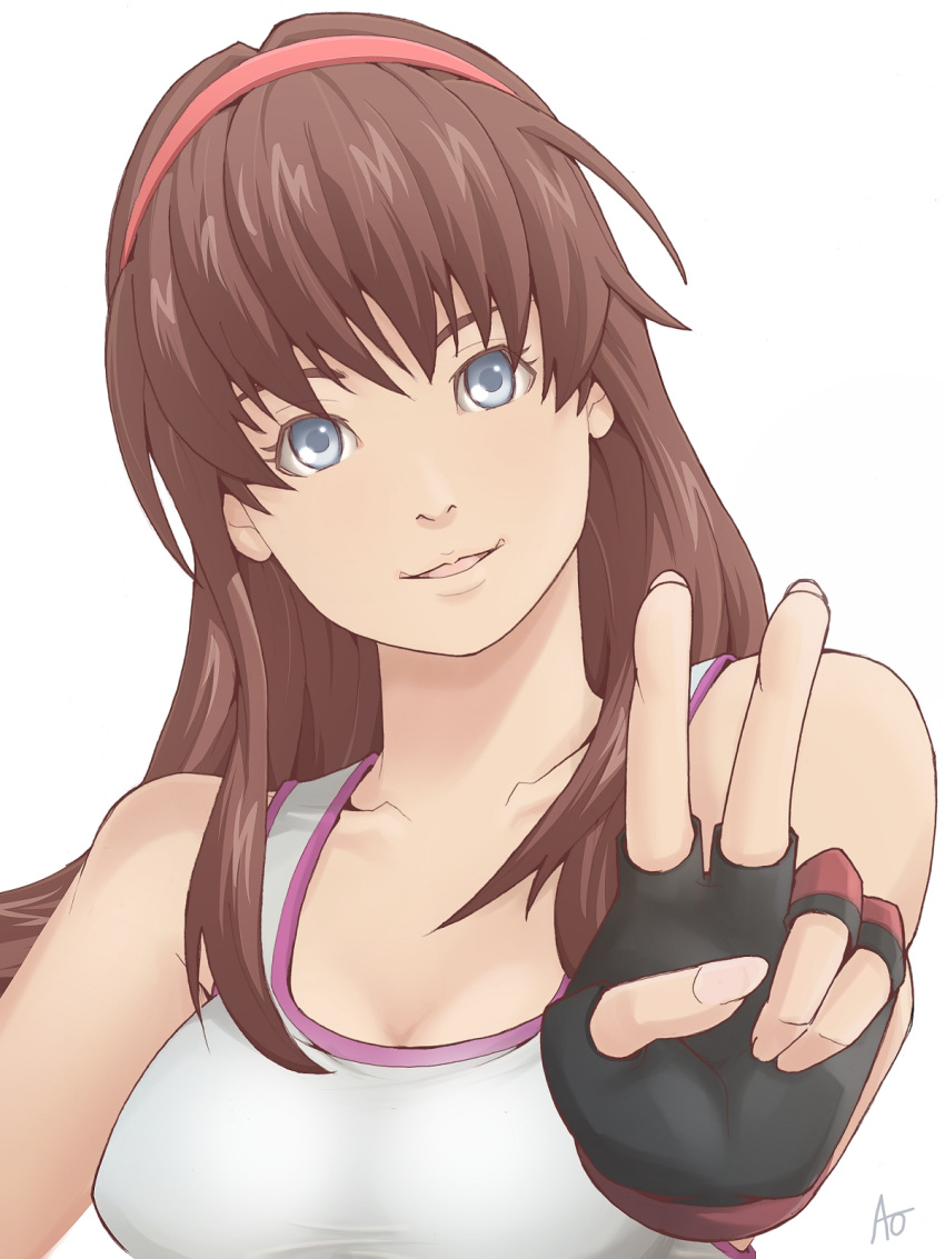 ao_(dtb01) bare_shoulders blue_eyes breasts brown_hair bust dead_or_alive fingerless_gloves gloves hairband highres hitomi long_hair solo tank_top v
