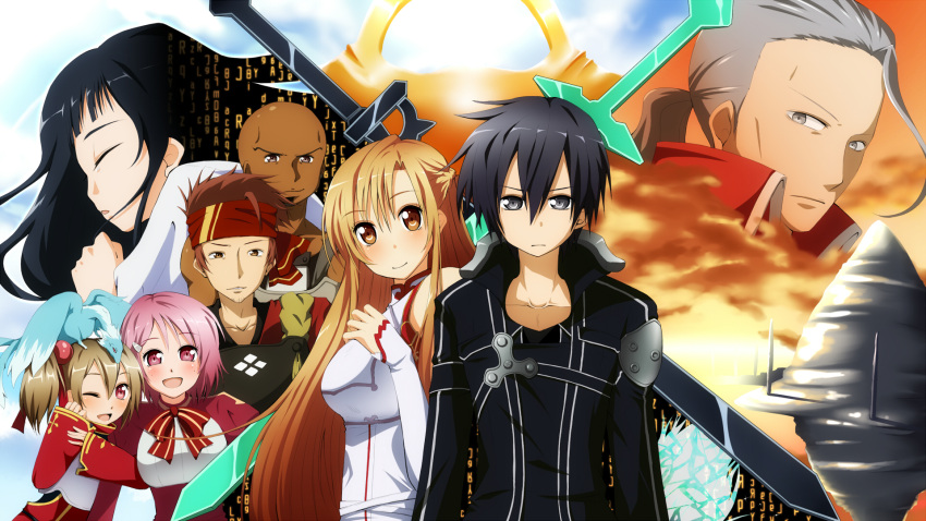 4girls agil aincrad asuna_(sao) dragon everyone goma_azarasi heathcliff highres kirito klein lisbeth multiple_boys multiple_girls pina_(sao) silica sword sword_art_online weapon yui_(sao)