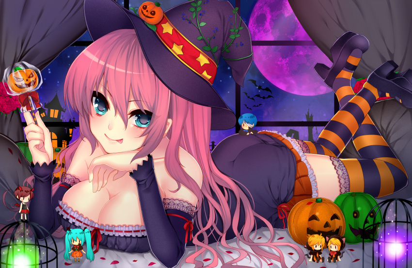 :p bare_shoulders bat birdcage blue_eyes blush breasts cage character_doll chin_rest cleavage collarbone curtains detached_sleeves halloween hat hat_ribbon hatsune_miku highres holding jack-o'-lantern kagamine_len kagamine_rin kaito large_breasts long_hair looking_at_viewer lying megurine_luka meiko mi_(liki1020) moon on_stomach petals pillow pink_hair pumpkin pumpkin_hair_ornament purple_moon ribbon skirt solo star striped striped_legwear thighhighs tongue vocaloid window witch witch_hat
