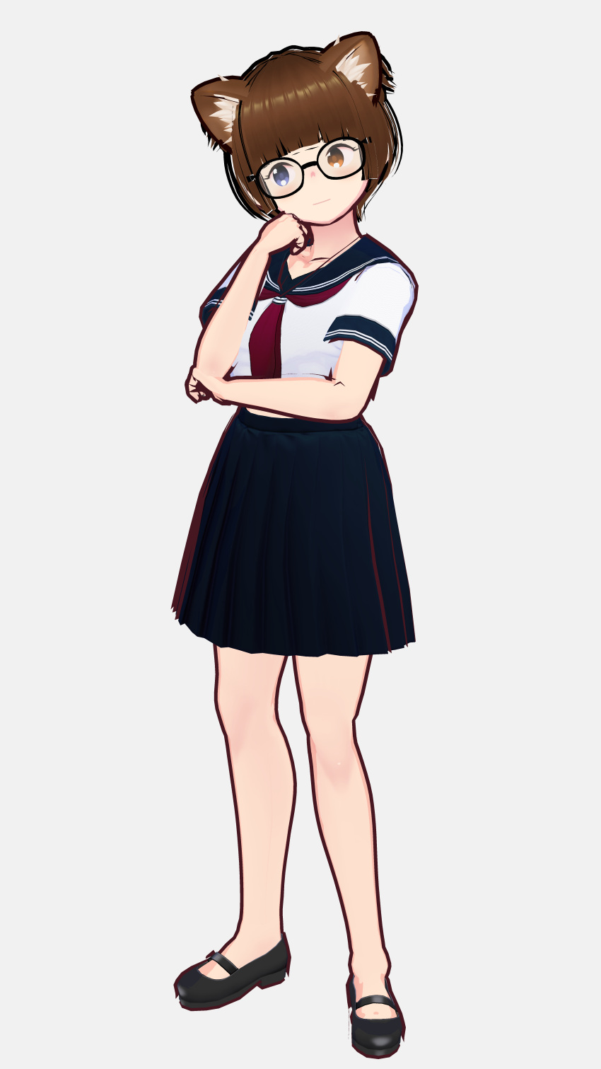 arm_up brown_hair buns covered_navel cute eyes glasses hand_on_own_cheek hand_on_own_face happy legs_together looking_to_the_side multicolored_eyes nervous pleated_skirt school_uniform shoes skirt thinking