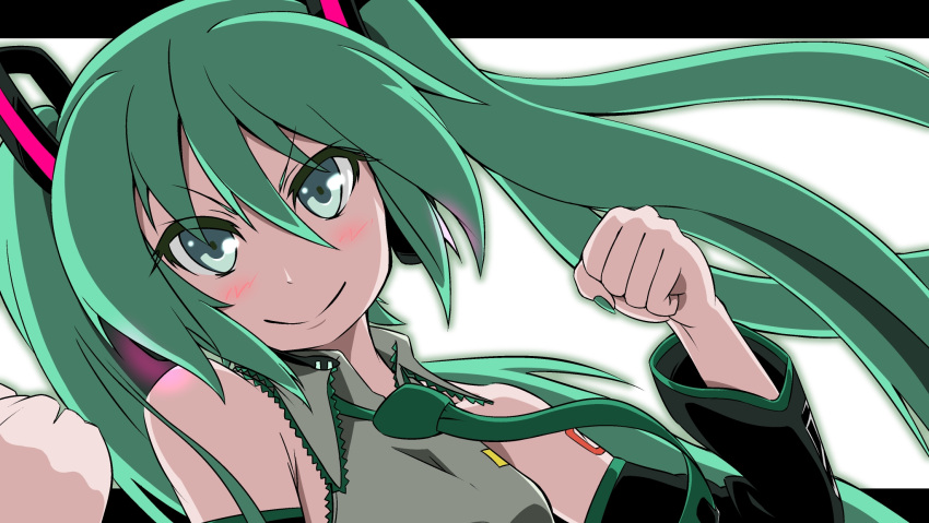 green_eyes green_hair hatsune_miku highres long_hair necktie panikuru_yuuto smile solo twintails vocaloid