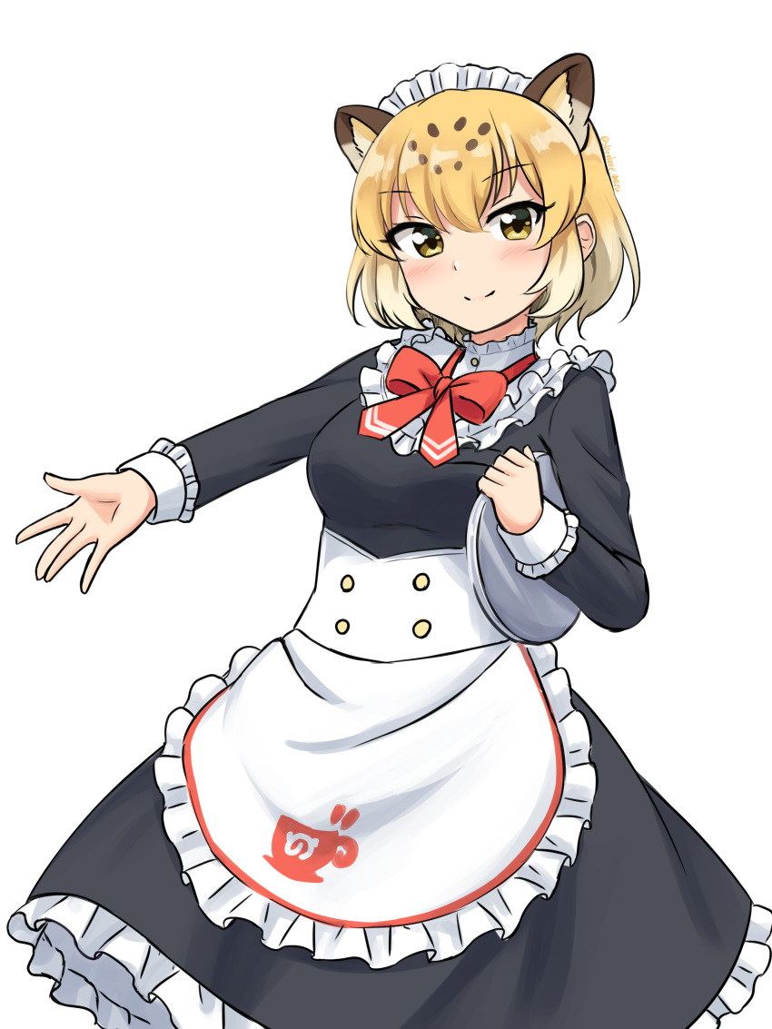 1girl absurdres alternate_costume animal_ears apron black_dress blonde_hair bow bowtie collar cowboy_shot disconnected_mouth dress enmaided extra_ears eyebrows_visible_through_hair frilled_apron frilled_collar frilled_cuffs frills high_collar highres holding holding_tray jaguar_(kemono_friends) jaguar_ears jaguar_girl japari_symbol kemono_friends kemono_friends_3 long_dress long_sleeves maid maid_apron maid_headdress multicolored_hair official_alternate_costume outstretched_arm red_neckwear shiraha_maru short_hair simple_background solo tray twitter_username white_apron white_background white_hair yellow_eyes