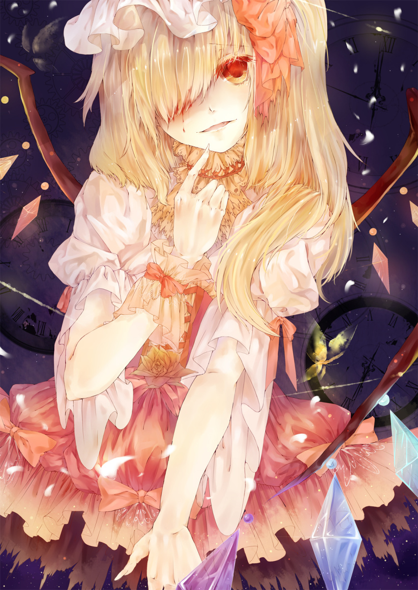 blonde_hair blood bust face fang flandre_scarlet hair_over_one_eye hat highres long_hair red_eyes ribbon solo touhou vieny wings wrist_cuffs