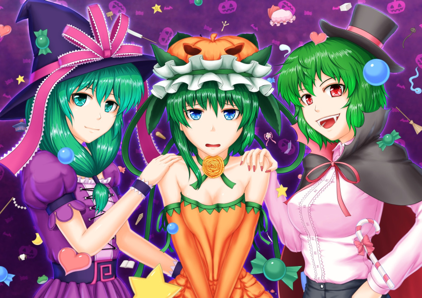 adapted_costume alternate_costume arm_cannon blue_eyes book bow breasts broom candy cape choker crescent dracula dracula_(cosplay) elbow_gloves fangs fingernails frills frog_hair_ornament front_ponytail ghost gloves green_eyes green_hair hair_ornament halloween hand_on_shoulder hat hat_bow hat_ribbon heart highres himekaidou_hatate himekaidou_hatate_(scallop) kagiyama_hina kazami_yuuka long_hair looking_at_viewer multiple_girls nail_polish nazal open_mouth puffy_sleeves pumpkin red_eyes ribbon rod_of_remorse scallop shikieiki_yamaxanadu short_sleeves smile star touhou umbrella vampire weapon witch_hat wrist_cuffs