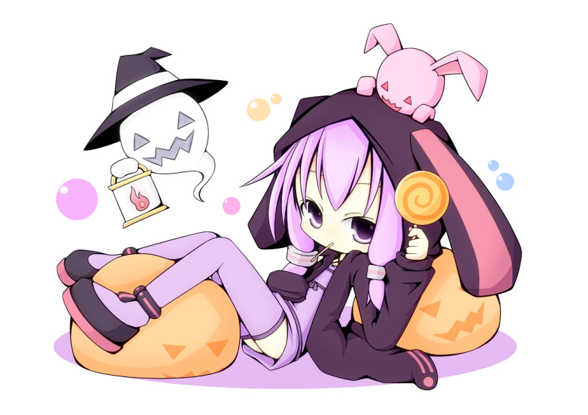 candy chibi ghost hat hoodie jack-o'-lantern jack-o'-lantern lantern lollipop miiya_(kuroi_hako) purple_eyes purple_hair solo stuffed_animal stuffed_toy thigh-highs thighhighs violet_eyes vocaloid witch_hat yuzuki_yukari