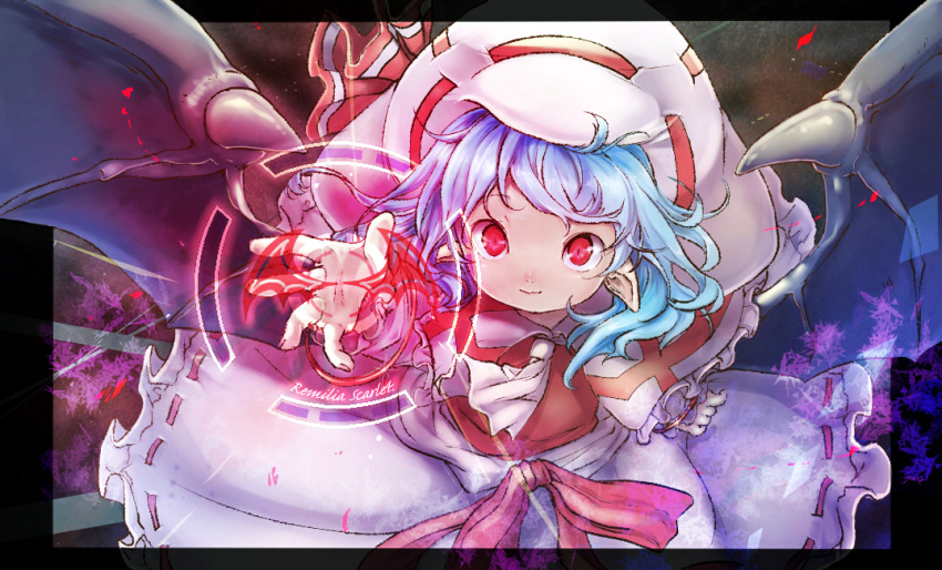 ascot bat_signal bat_wings blue_hair capelet character_name child curiosities_of_lotus_asia frame glowing hat hat_ribbon hutaba123 looking_at_viewer outstretched_arm outstretched_hand pointy_ears red_eyes remilia_scarlet ribbon sash shirt skirt smile solo touhou wings
