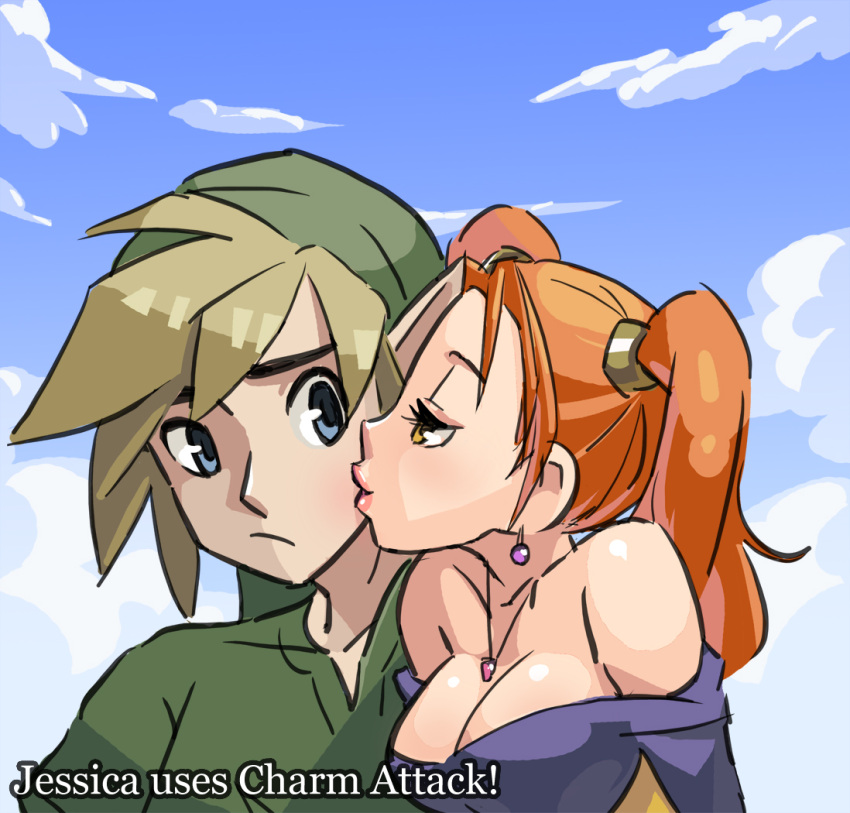 1girl bare_shoulders blonde_hair blue_eyes blush breasts brown_eyes cheek_kiss cleavage crossover dragon_quest dragon_quest_viii drawfag dress earrings english flirting frown gloves hat jessica_albert jewelry junkpuyo kiss large_breasts link lips long_hair looking_at_viewer necklace nintendo open_mouth orange_eyes orange_hair pointy_ears strapless_dress the_legend_of_zelda tunic twintails