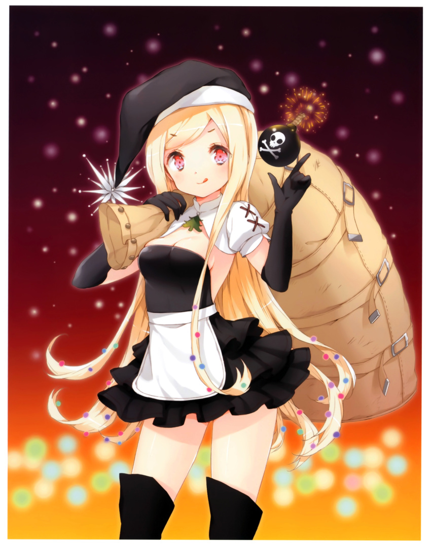 :q absurdres bangs black_dress black_gloves black_legwear blonde_hair bomb boots breasts cleavage cuteg dress elbow_gloves gloves hat highres kaku-san-sei_million_arthur long_hair minidress original payot puffy_short_sleeves puffy_sleeves red_eyes sack santa_hat scan short_sleeves skindentation skull_and_crossbones snow solo swept_bangs thigh-highs thigh_boots thighhighs tongue very_long_hair