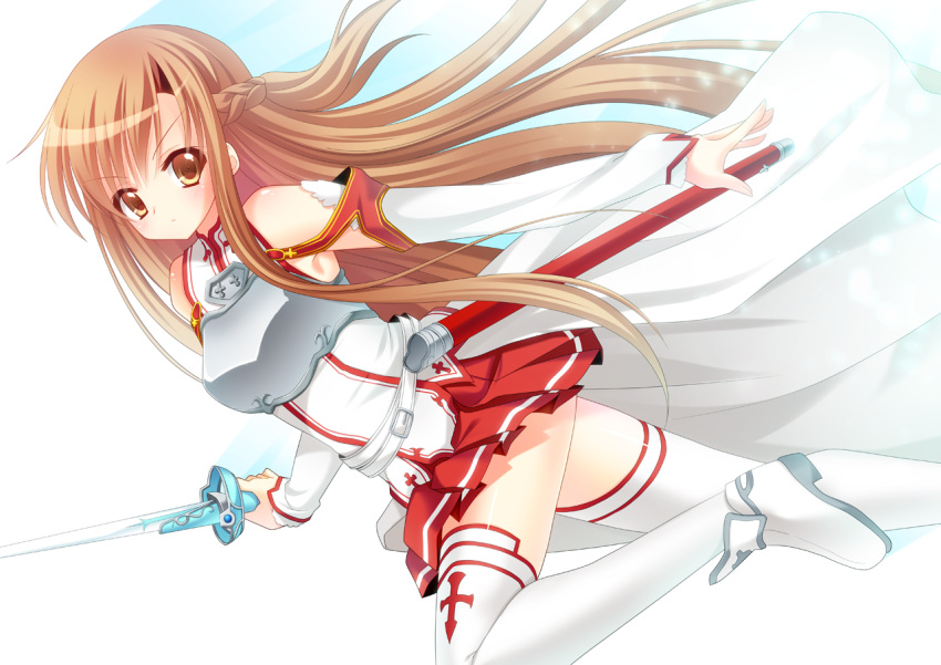 asuna_(sao) bare_shoulders breastplate brown_eyes brown_hair detached_sleeves holding long_hair looking_at_viewer nakada_rumi outstretched_arm scabbard sheath skirt solo sword sword_art_online thigh-highs thighhighs weapon white_legwear