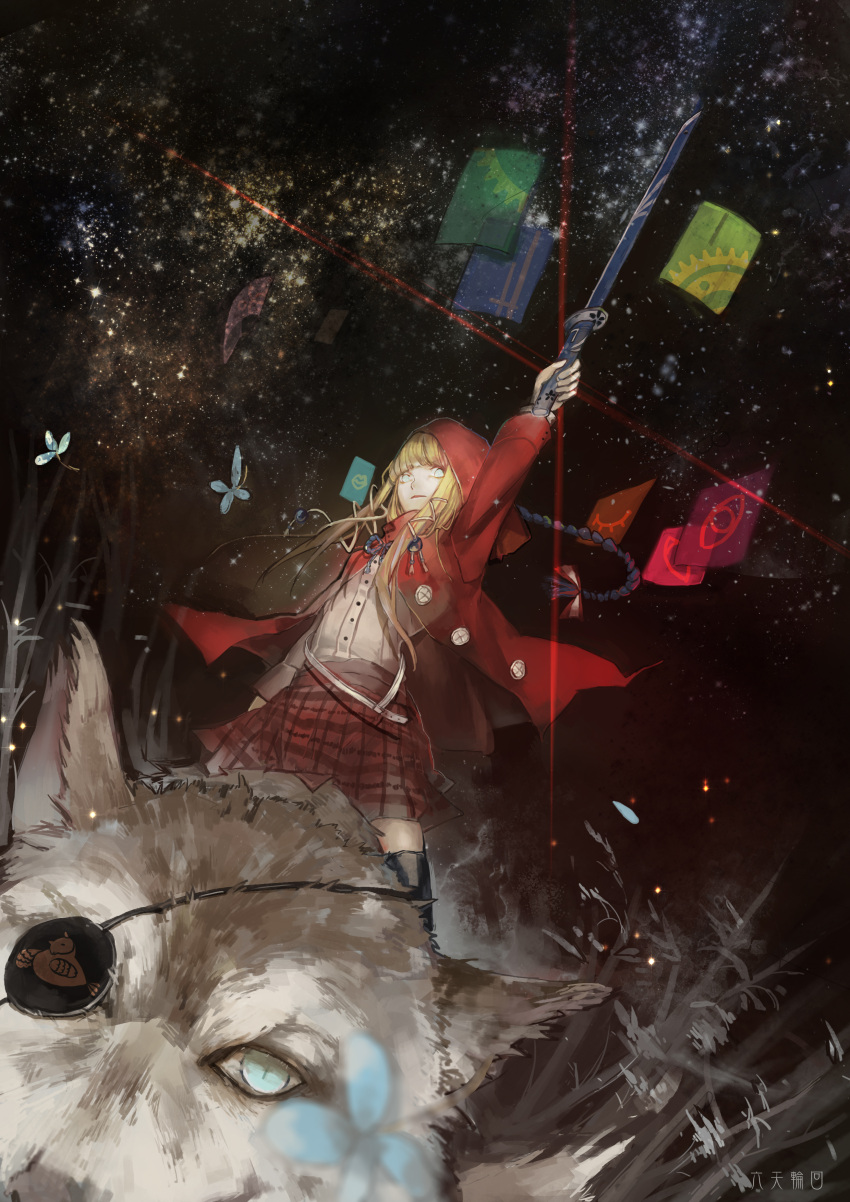 absurdres arm_up big_bad_wolf_(grimm) black_legwear blonde_hair blue_eyes cloak eyepatch highres holding little_red_riding_hood little_red_riding_hood_(grimm) long_hair nibanmachi_wakai skirt solo sword thigh-highs thighhighs tree weapon wolf