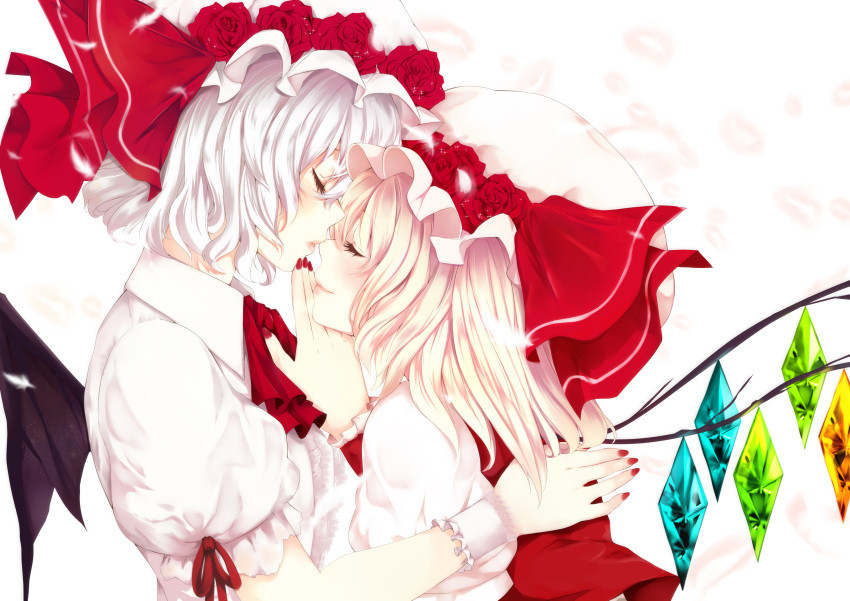 absurdres ascot bat_wings blonde_hair closed_eyes eyes_closed face-to-face flandre_scarlet flower hand_to_chin hat hat_flower hat_ribbon highres kamifanta123 multiple_girls nose_kiss puffy_sleeves red_nails red_rose remilia_scarlet ribbon rose shirt short_hair short_sleeves siblings silver_hair sisters smile touhou wings wrist_cuffs wrist_ribbon