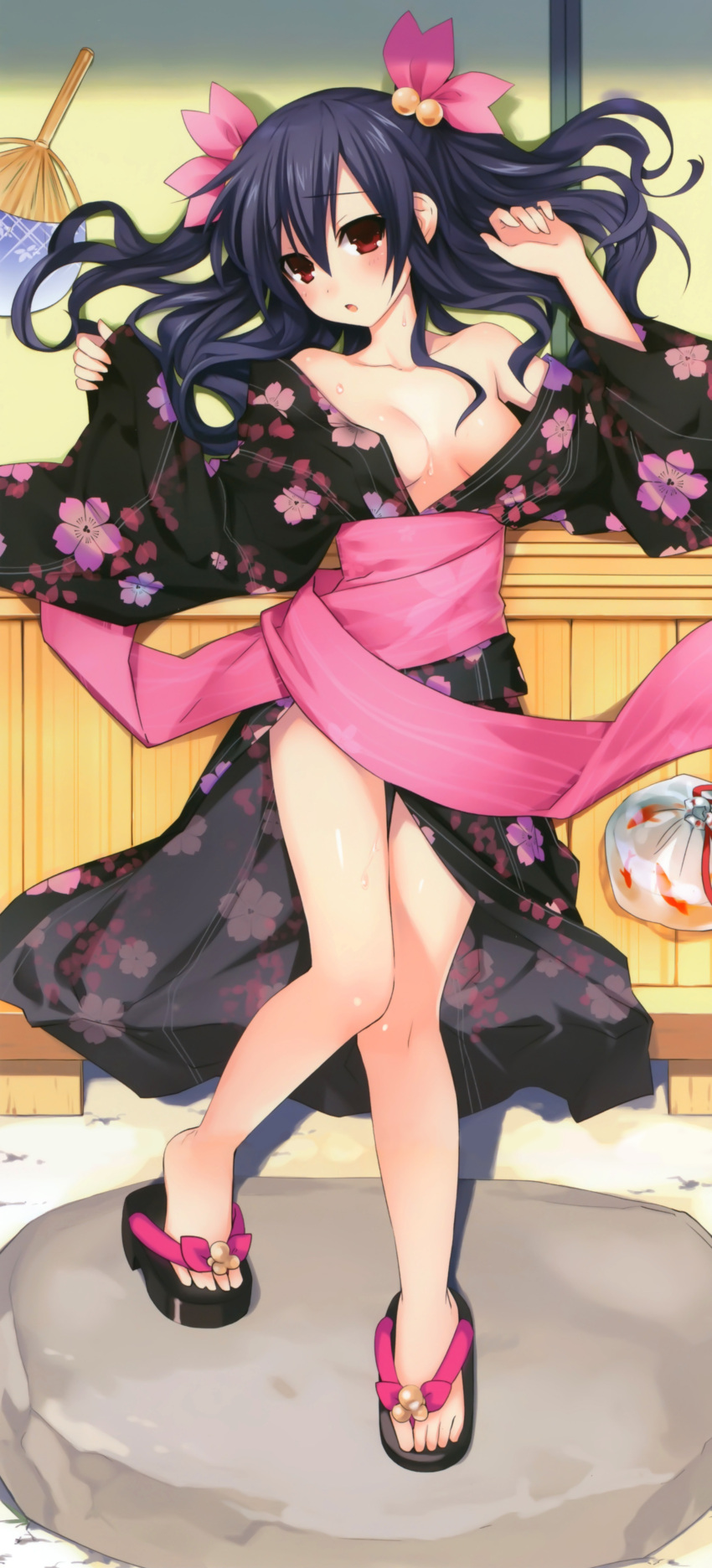 absurdres black_hair blush breasts choujigen_game_neptune choujigen_game_neptune_mk2 cleavage fan floral_print hair_bobbles hair_ornament highres japanese_clothes kimono legs long_hair looking_at_viewer obi official_art open_clothes open_kimono open_mouth possible_duplicate red_eyes sandals solo sweat tsunako uni_(choujigen_game_neptune)