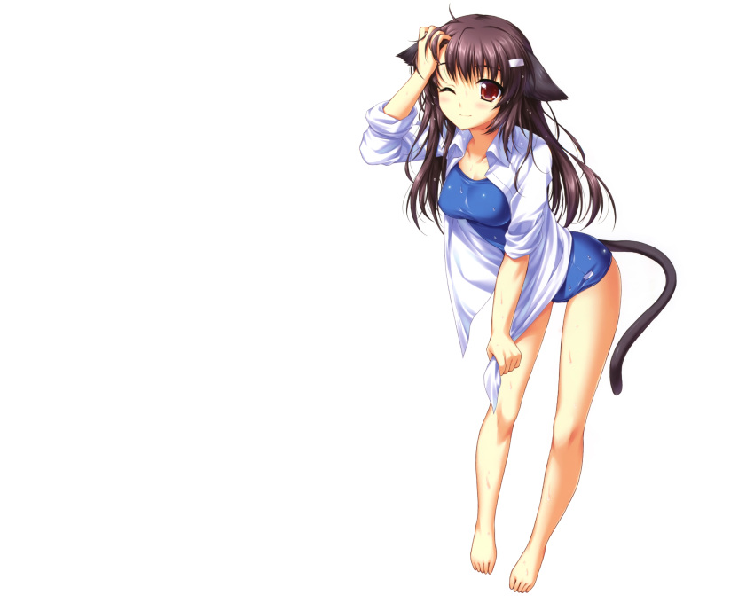 alpha animal_ears black_hair blush catgirl long_hair open_shirt original red_eyes school_swimsuit swimsuit tail wet