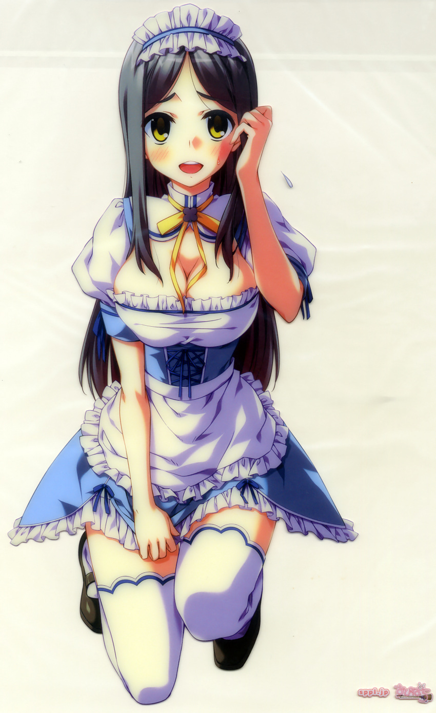 absurdres adjusting_hair apron black_hair blush breasts character_request cleavage corset frills highres kneeling large_breasts long_hair looking_at_viewer maid nanao_naru puffy_sleeves ribbon skirt skirt_tug smile solo supipara sweatdrop thigh-highs thighhighs white_legwear yellow_eyes