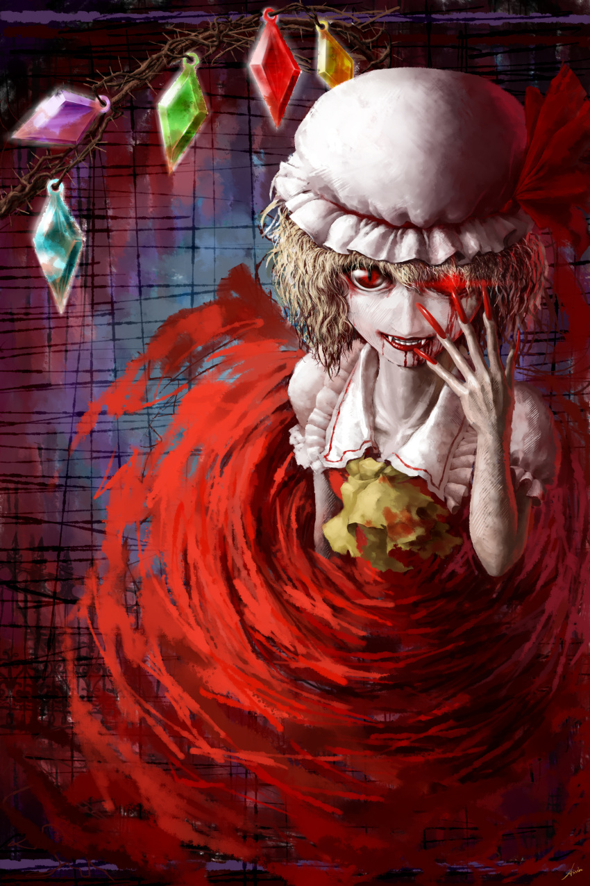 absurdres ascot assin blonde_hair blood blood_from_mouth blood_in_mouth blood_on_face fangs fingernails flandre_scarlet glowing glowing_eye hat hat_ribbon highres long_fingernails long_nails red_eyes ribbon short_hair short_sleeves slit_pupils solo touhou vampire wings