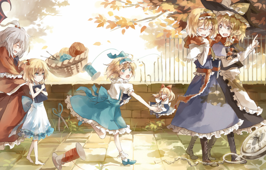 6+girls :d ^_^ alice_margatroid alice_margatroid_(pc-98) asuka_(louyun) barefoot blonde_hair blue_eyes blush book boots braid brick_wall capelet closed_eyes eyes_closed fence flying_sweatdrops hair_bobbles hair_ornament hairband hat holding holding_book kirisame_marisa long_hair multiple_girls open_mouth pulling running scarf scissors shanghai_doll shared_scarf shinki silver_hair single_braid smile string time_paradox touhou touhou_(pc-98) walking witch_hat