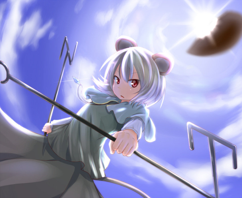 animal_ears baram capelet cloud clouds dowsing_rod grey_hair jewelry long_sleeves mouse_ears mouse_tail nazrin open_mouth pendant red_eyes short_hair sky solo sparkle sun tail touhou
