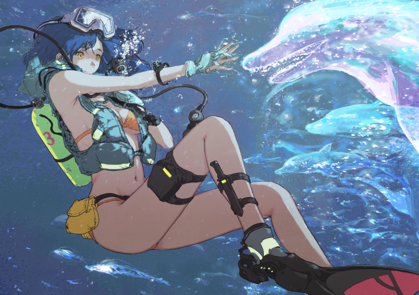 bare_shoulders bikini blue_hair breasts bubble cleavage crack diving dolphin flippers gloves highres knife long_hair looking_away navel original outstretched_arm outstretched_hand scuba scuba_tank smile solo swimsuit thigh_strap torn_clothes torn_gloves underwater water yellow_eyes ymr