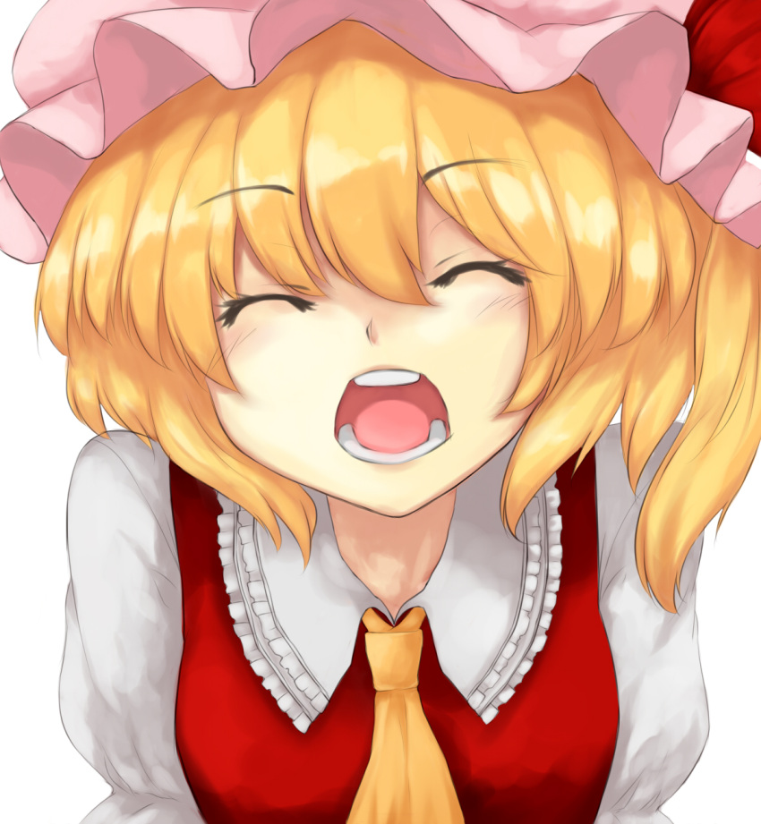 artist_request ascot blonde_hair closed_eyes eyes_closed face flandre_scarlet hat hat_ribbon highres open_mouth ribbon short_sleeves side_ponytail smile solo sudako_(dai011305) touhou white_background