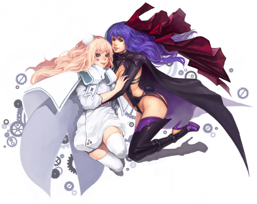 2girls blonde_hair blue_eyes boots breasts cleavage collaboration dual_persona erina highres ippus legs lips macross macross_frontier macross_frontier:_itsuwari_no_utahime macross_frontier:_the_false_diva midriff multiple_girls na_young_lee noa_ikeda purple_eyes purple_hair sheryl_nome thigh-highs thigh_boots thighhighs violet_eyes