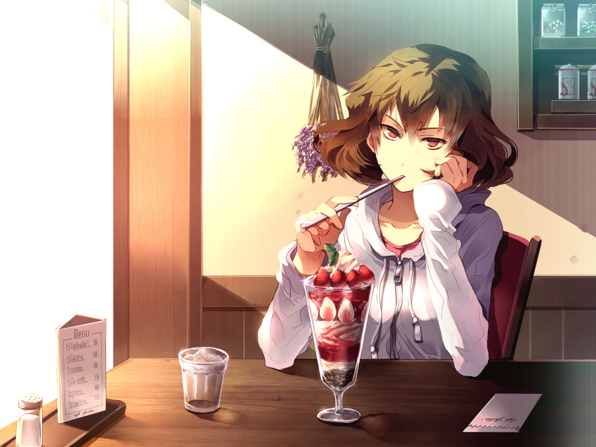 brown_hair cage_-open- chair character_request chin_rest food fruit highres holding hoodie ice_cream menu red_eyes salt_shaker sitting solo strawberry sunakumo sundae sunlight zipper