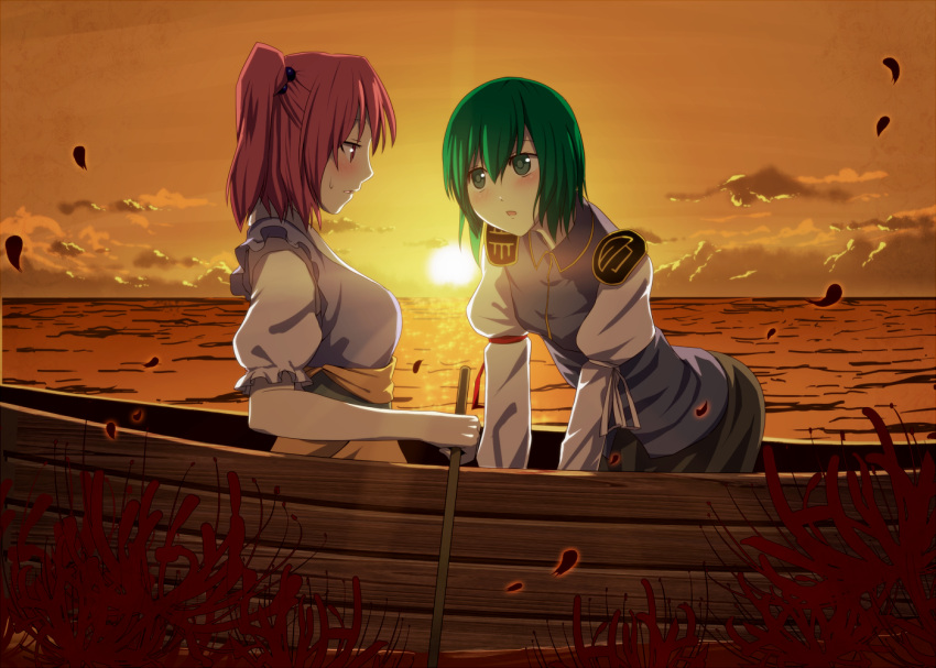 2girls blush boat breasts flower green_eyes green_hair highres large_breasts masa07240 multiple_girls onozuka_komachi petals profile red_eyes red_hair redhead shikieiki_yamaxanadu spider_lily sun sunset touhou water