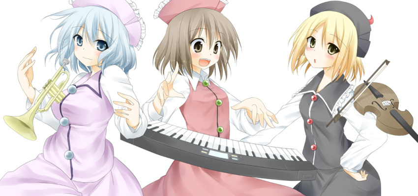 blonde_hair blue_eyes blue_hair blush bow_(instrument) breasts brown_eyes brown_hair floating_object hand_on_hip hat instrument keyboard_(instrument) large_breasts long_sleeves looking_at_viewer lunasa_prismriver lyrica_prismriver mashima_(sumachi) merlin_prismriver multiple_girls open_mouth outstretched_arms shirt siblings sisters skirt skirt_set smile touhou trumpet vest violin yellow_eyes