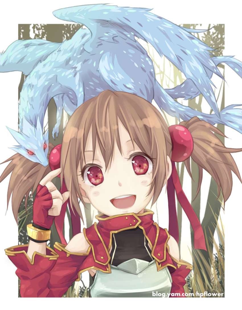 :d breastplate brown_hair bust fingerless_gloves gloves hair_ribbon highres hpflower looking_at_viewer open_mouth pina_(sao) red_eyes ribbon silica smile solo sword_art_online twintails watermark web_address