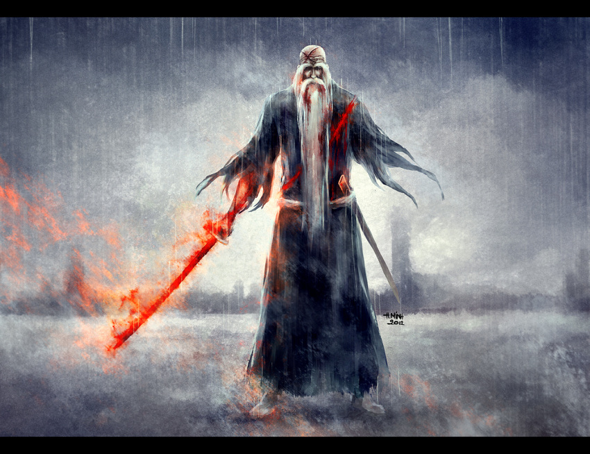 amputee bald bankai beard bleach blood facial_hair fire injury katana long_beard male nanfe old_man rain scar signature solo spoilers standing sword weapon wound wounded yamamoto-genryuusai_shigekuni