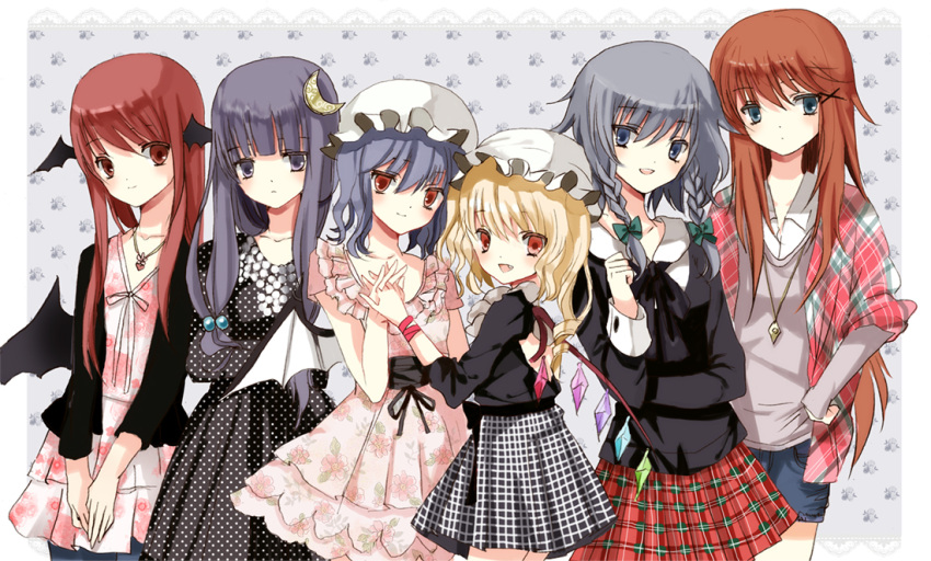 6+girls 6girls :d bat_wings blonde_hair blue_eyes blue_hair blush braid brown_hair casual cierra_(ra-bit) collarbone contemporary crescent dress fang flandre_scarlet hand_holding hat head_wings holding_hands hong_meiling izayoi_sakuya jewelry koakuma long_hair looking_at_viewer multiple_girls necklace no_hat no_headwear open_mouth patchouli_knowledge polka_dot polka_dot_dress purple_eyes purple_hair red_eyes red_hair redhead remilia_scarlet shorts silver_hair skirt smile touhou twin_braids violet_eyes wings wrist_ribbon