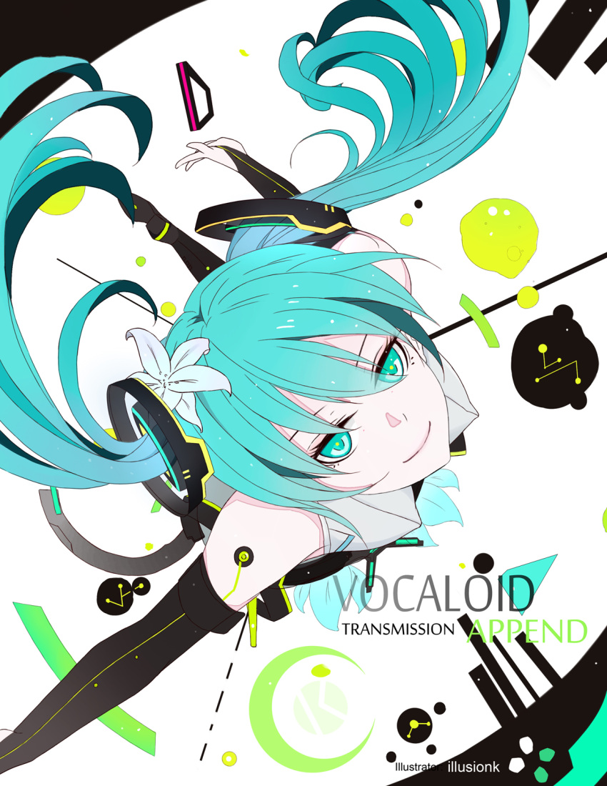 aqua_eyes aqua_hair artist_name bridal_gauntlets elbow_gloves flower from_above gloves hair_flower hair_ornament hatsune_miku hatsune_miku_(append) highres illusionk long_hair miku_append outstretched_arms solo spread_arms twintails vocaloid vocaloid_append