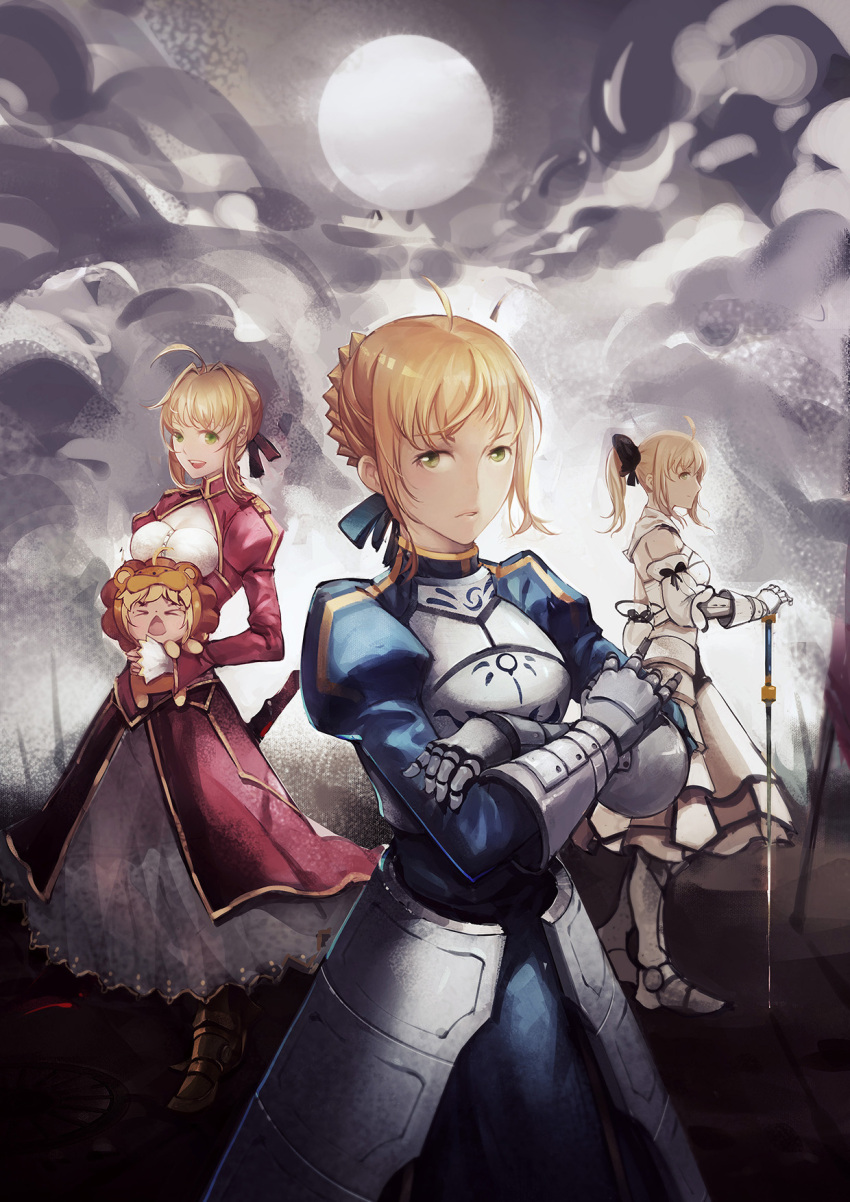 &gt;_&lt; :d ahoge armor armored_dress blonde_hair bow character_request dress fate/extra fate/stay_night fate/unlimited_codes fate_(series) faulds full_moon gauntlets greaves green_eyes hair_bow hair_ribbon highres holding looking_at_viewer moon multiple_girls multiple_persona open_mouth qq416283157 ribbon saber saber_extra saber_lily side_ponytail smile solo standing sword weapon