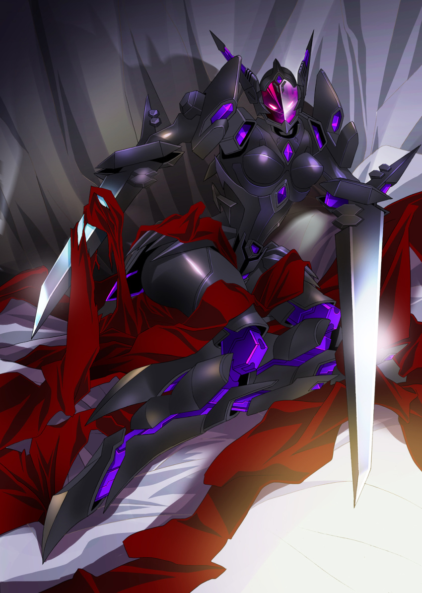 accel_world arm_blade armor black_lotus_(accel_world) blade breasts duel_avatar highres lying pink_eyes platin_(alios) revision solo weapon