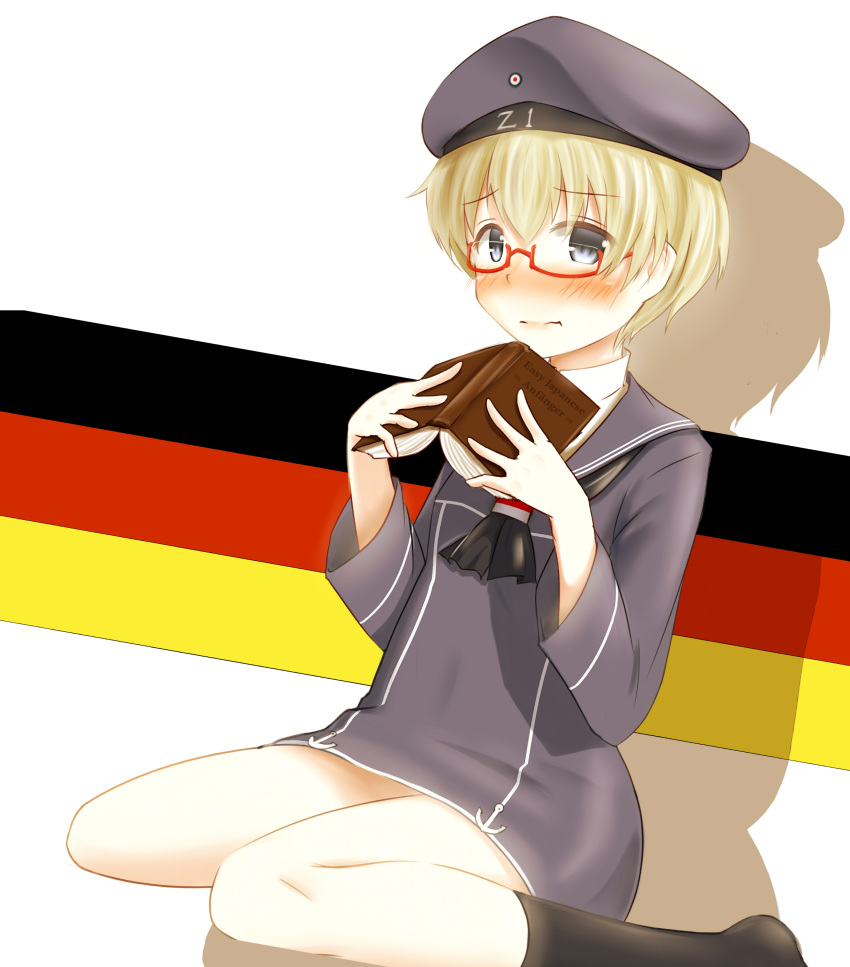 1girl absurdres bespectacled blonde_hair blue_eyes blush book clothes_writing glasses hat highres holding holding_book kantai_collection long_sleeves neckerchief red-framed_glasses sailor_collar sailor_hat sekino_takehiro short_hair sitting solo z1_leberecht_maass_(kantai_collection)