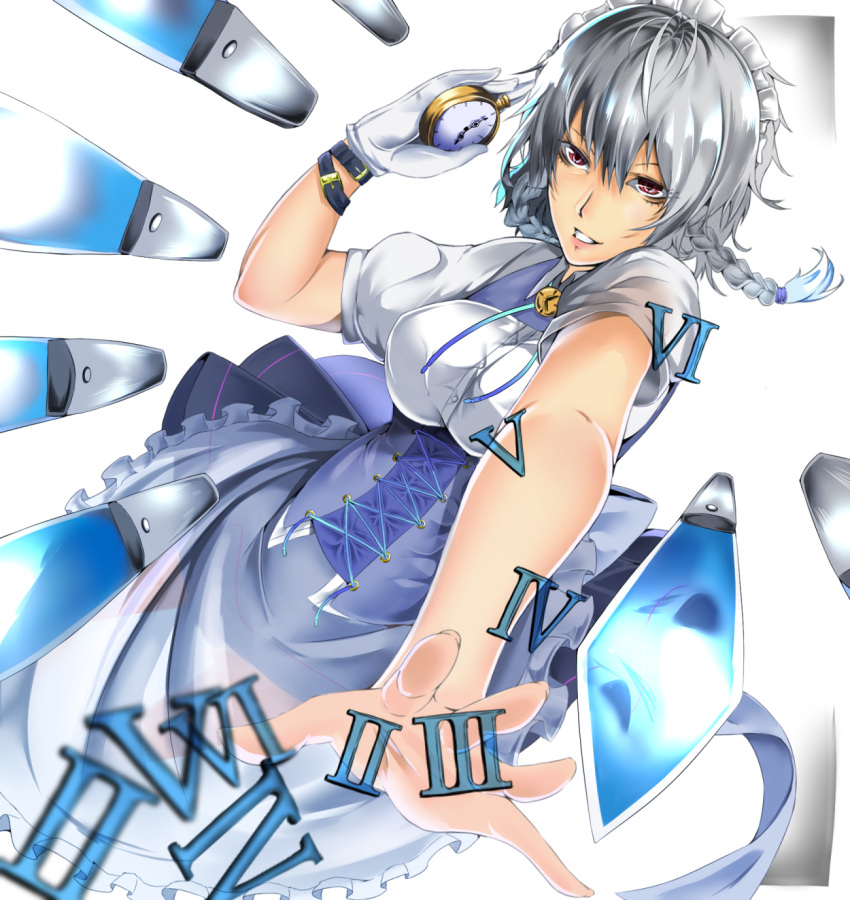 5656_(lux_door) braid gloves highres hitotose_hirune izayoi_sakuya knife maid_headdress outstretched_arm red_eyes short_hair silver_hair smile solo stopwatch touhou twin_braids watch white_gloves