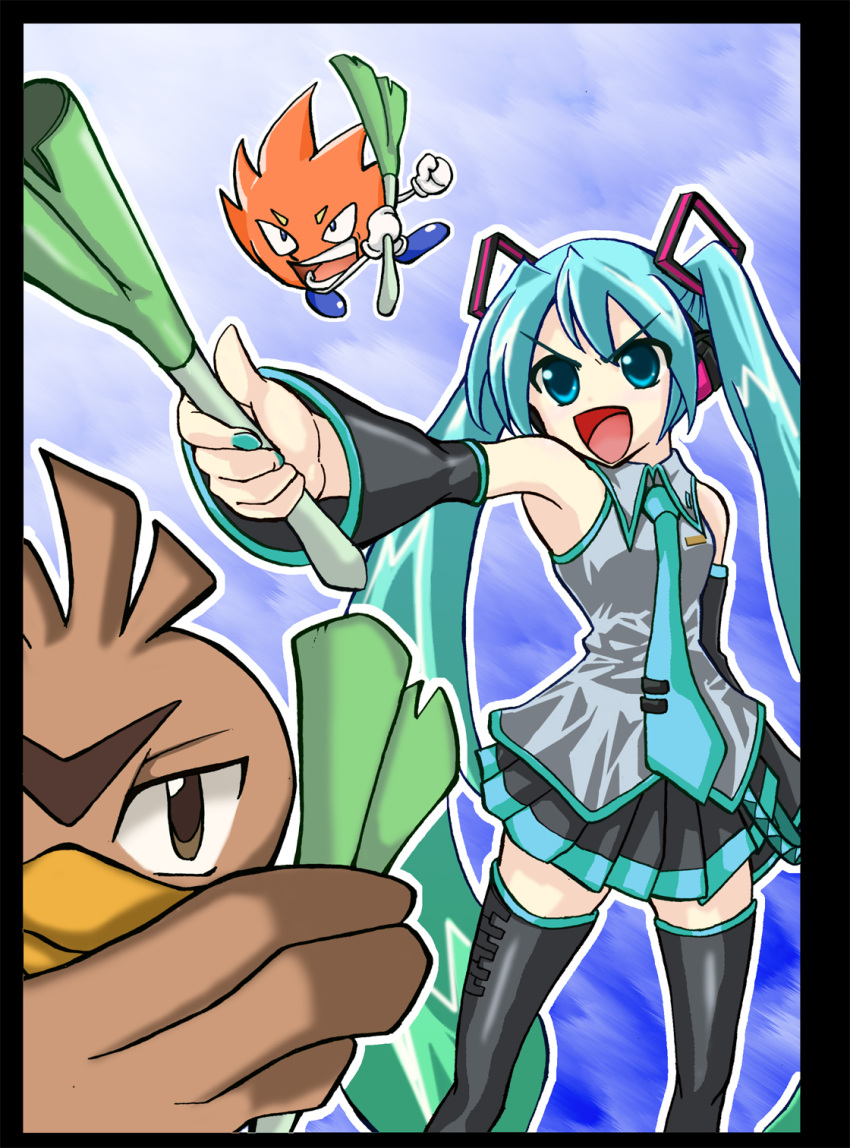 &gt;:d 1girl :d aqua_eyes aqua_hair artist_request blue_eyes bobobo-bo_bo-bobo brown_eyes close-up crossover detached_sleeves don_patch farfetch'd farfetch'd gloves hatsune_miku long_hair necktie open_mouth pointing pokemon skirt smile spring_onion standing thigh-highs thighhighs twintails vocaloid zettai_ryouiki