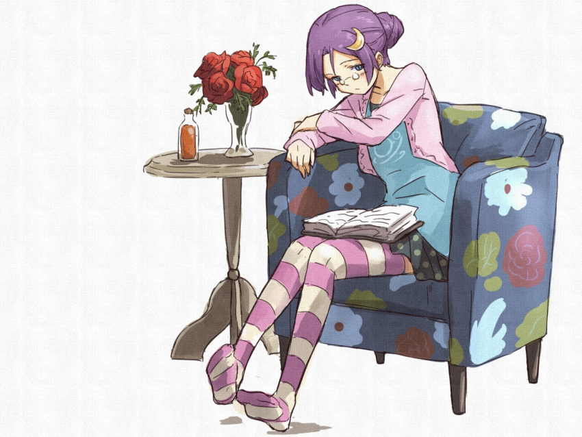 alternate_costume alternate_hairstyle blue_eyes blush book casual chair crescent flower glasses hair_bun looking_at_viewer open_book patchouli_knowledge purple_hair rose shiba_murashouji short_hair sitting solo striped striped_legwear thigh-highs thighhighs touhou vase white_background