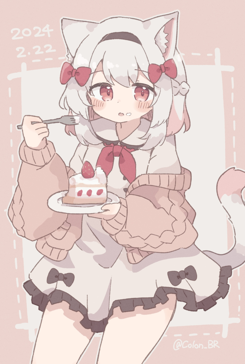 1girl absurdres animal_ears artist_name black_bow bow cake cake_slice cat_ears cat_girl cat_tail colon_br cowboy_shot dated dress eating food fork hair_bow highres holding holding_fork neckerchief open_mouth original red_bow red_eyes red_neckerchief solo strawberry_cake sweater tail white_dress white_hair