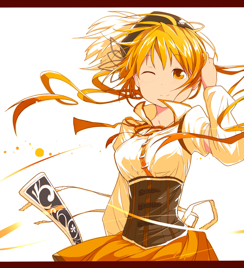 blonde_hair breasts corset detached_sleeves drill_hair gun hat highres juliet_sleeves large_breasts letterboxed long_sleeves looking_at_viewer magical_girl mahou_shoujo_madoka_magica puffy_sleeves rifle shiotan shirt skirt smile solo tomoe_mami twin_drills weapon wind wink yellow_eyes