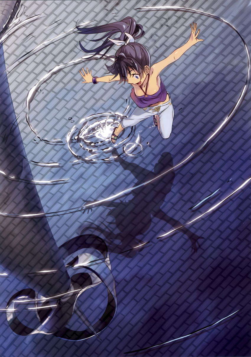 andou_chikanori bare_shoulders black_hair blue_eyes bracelet capri_pants fang from_above ganaha_hibiki halter_top halterneck highres idolmaster jewelry jumping long_hair midriff open_mouth outstretched_arms ponytail reflection ripples sandals shadow solo spread_arms water