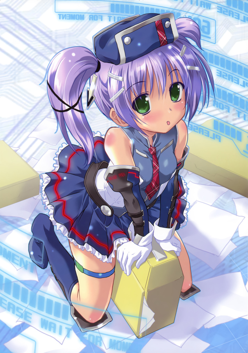 absurdres bare_shoulders blush boots detached_sleeves gloves green_eyes hair_ornament hat highres kneeling komatsu_eiji long_hair necktie original purple_hair scan skirt solo thigh_strap tongue tongue_out twintails white_gloves