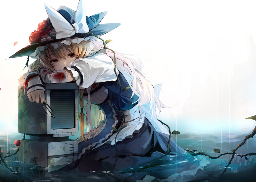 1girl apron backlighting bandages black_dress blonde_hair blood bow computer computer_screen dress eho_(icbm) flower glasses hat hat_bow hat_flower kirisame_marisa long_hair looking_at_viewer puffy_sleeves rain shirt short_sleeves sitting solo touhou very_long_hair vines waist_apron water witch_hat yellow_eyes