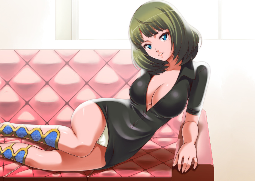 arm_support blue_eyes breasts cleavage couch green_hair highres idolmaster idolmaster_cinderella_girls large_breasts lips mole panties parted_lips shiny shiny_skin shirihime solo takagaki_kaede underwear