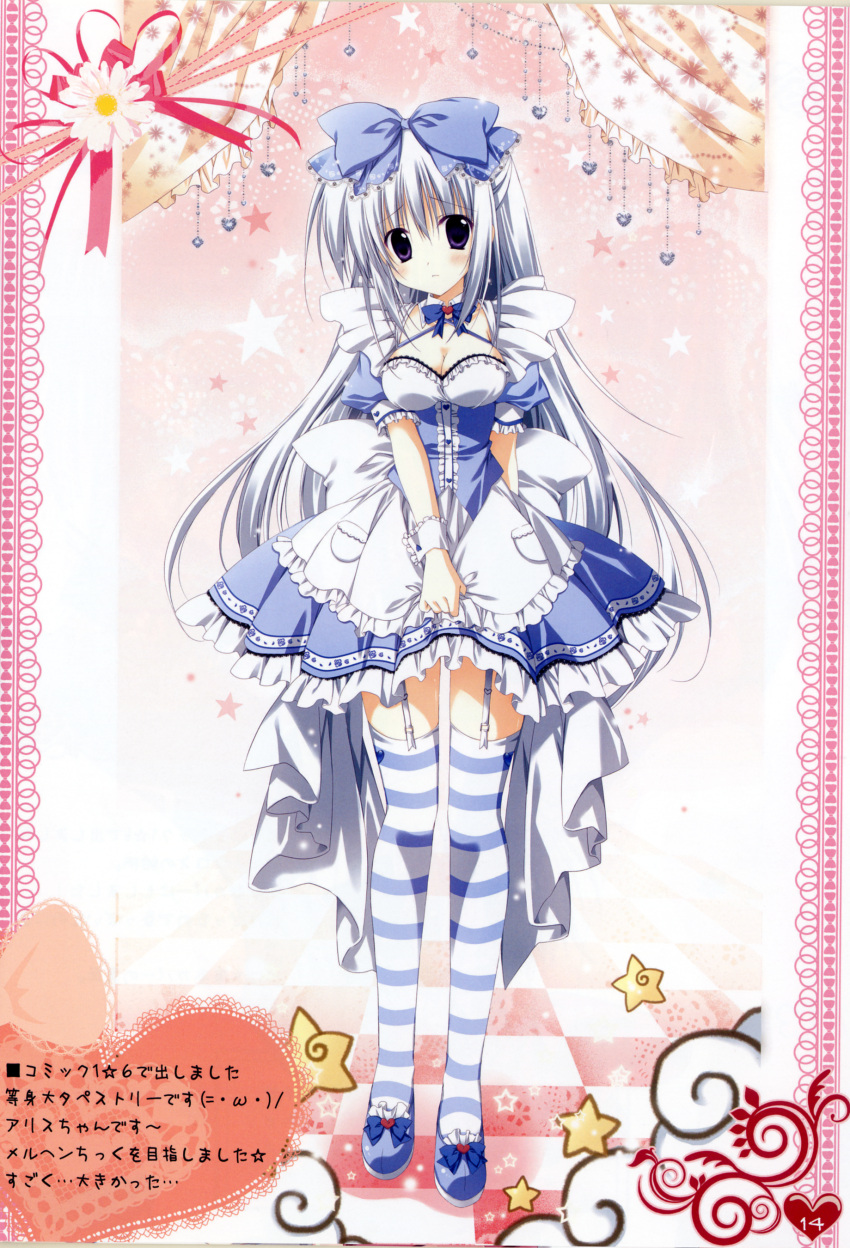 absurdres alice_(wonderland) alice_in_wonderland bow breasts checkered checkered_floor cleavage commentary curtains dress garter_straps hair_bow highres korie_riko legs purple_eyes star striped striped_legwear thigh-highs thighhighs violet_eyes white_hair