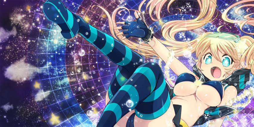 1girl blonde_hair blue_eyes blush boots breasts bubble goggles large_breasts long_hair long_image looking_at_viewer open_clothes open_jacket open_mouth original skirt solo star star-shaped_pupils striped striped_legwear symbol-shaped_pupils thigh-highs thigh_boots thighhighs twintails under_boob underboob wide_image zuzu